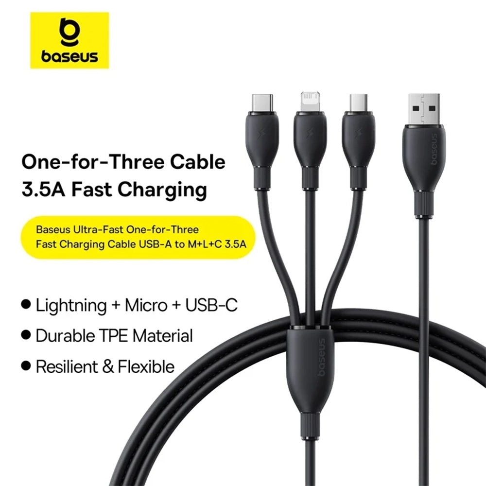 Baseus - Data Cable Ultra-Fast (P10376303121-00) - Fast Charging, USB to Micro-USB, Lightning, USB-C, 3.5A, 1.3m - Black