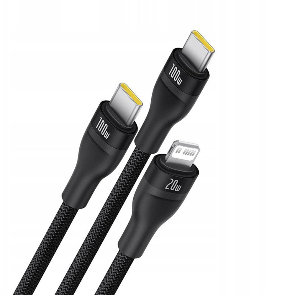 Baseus - Data Cable Flash Series 3 (P10377502111-00) - Fast Charge, USB-C to 2x USB-C, Lightning, 100W, 480Mbps, 1.5m - Black