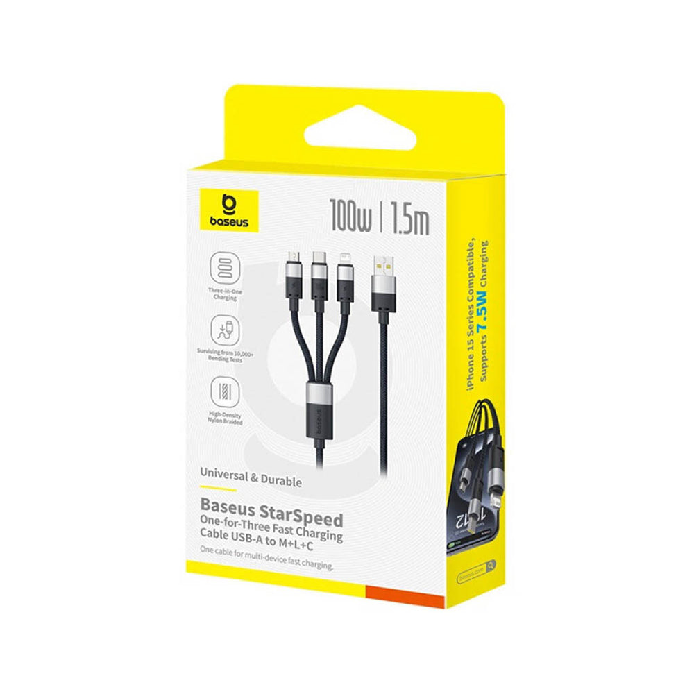 Baseus - Data Cable StarSpeed (P10319900211-00) - Fast Charging, USB to Micro-USB, Type-C, Lightning, 100W, 1.5m - White