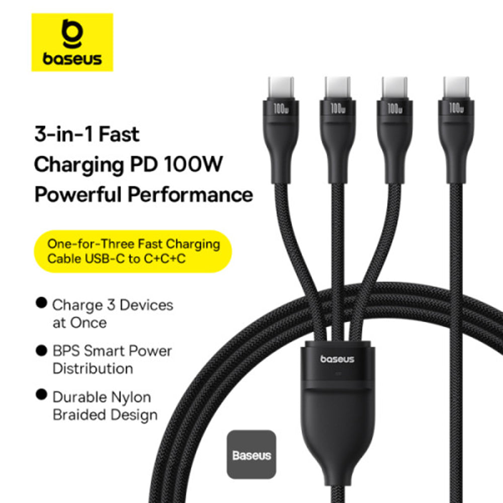 Baseus - Data Cable Flash Series 3 (P10377503111-00) - Fast Charge, USB-C to 3x Type-C, 3in1, PD100W, 480Mbps, 1.5m - Black