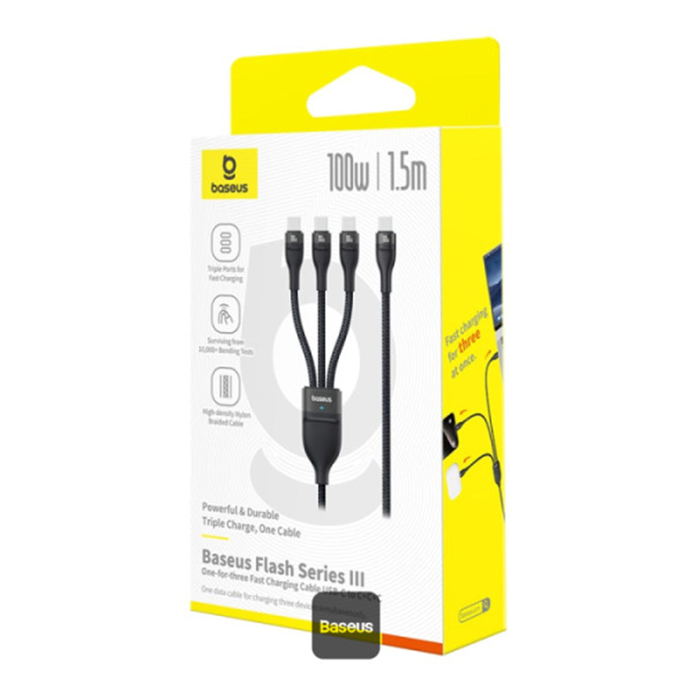 Baseus - Data Cable Flash Series 3 (P10377503111-00) - Fast Charge, USB-C to 3x Type-C, 3in1, PD100W, 480Mbps, 1.5m - Black