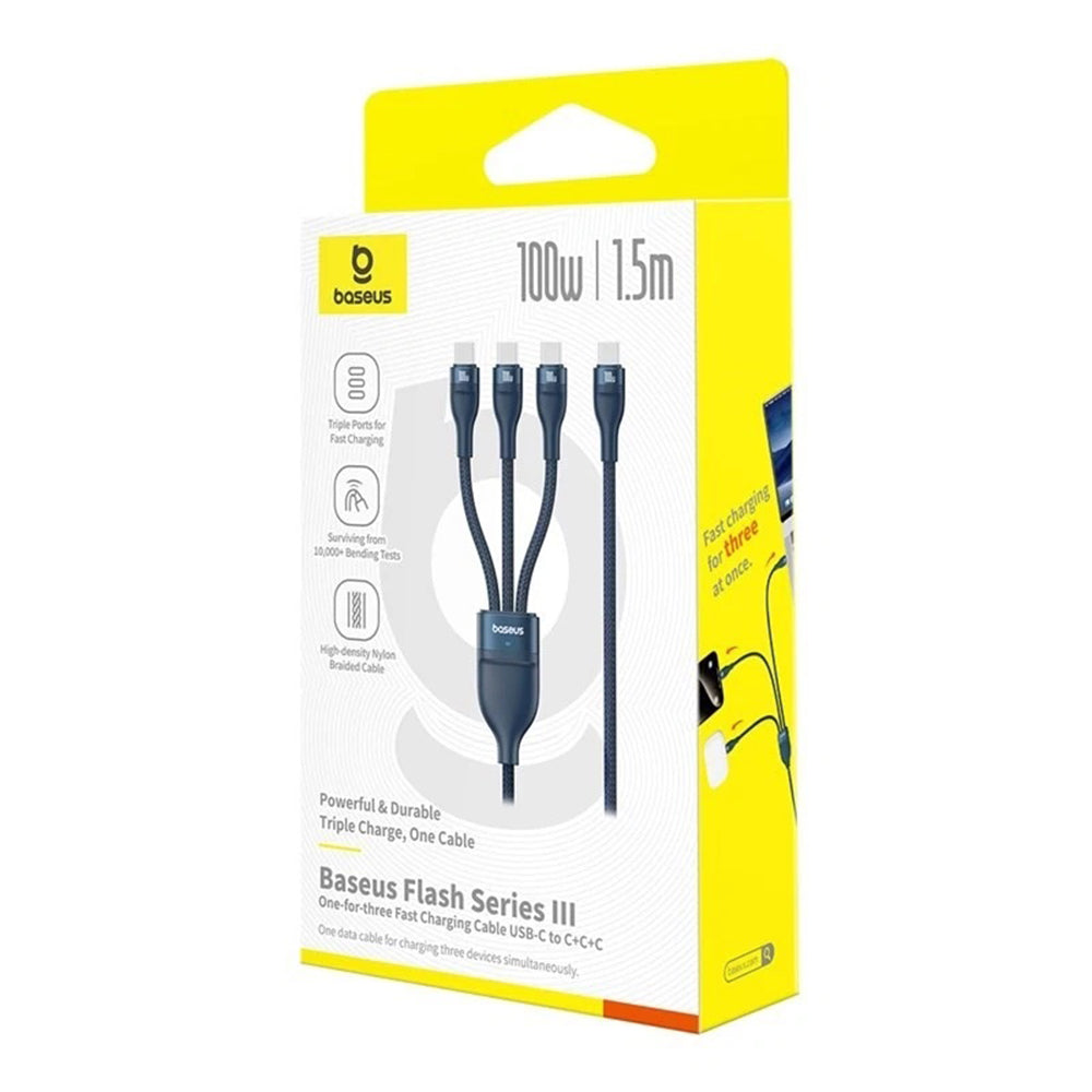 Baseus - Data Cable Flash Series 3 (P10377503321-00) - Fast Charge, USB-C to 3x Type-C, 3in1, PD100W, 480Mbps, 1.5m - Blue
