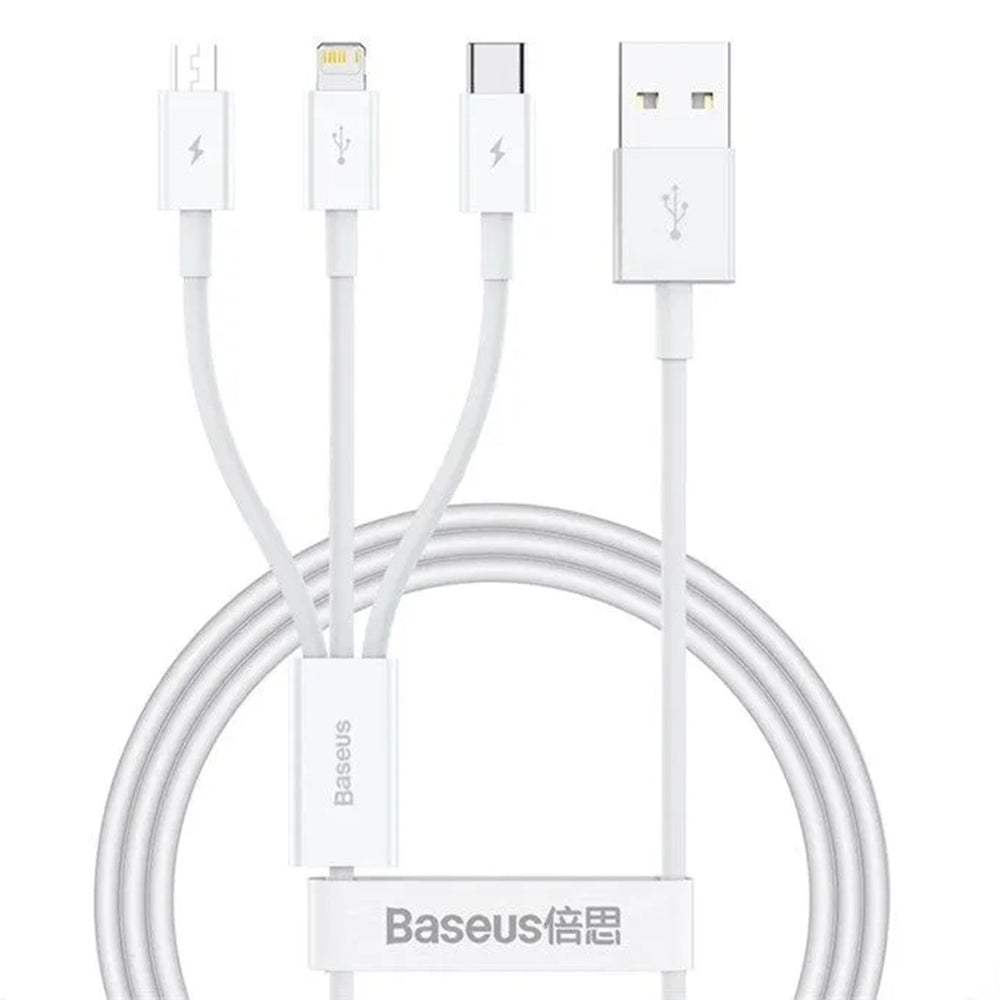 Baseus - Data Cable (P10377705213-00) - Fast Charge, USB to USB-C, Lightning, Micro-USB, 100W, 480Mbps, 1.5m - White