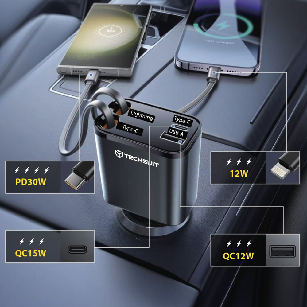 Techsuit - Premium Car Charger NanoVoltX (C1) - with Retractable USB-C, Lightning Cables, USB 2.4A, PD30W, 69W, 180° - Gray