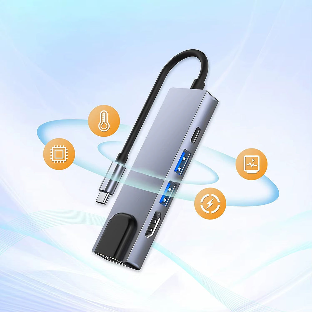 Techsuit - Docking Station NetBridge 5 in 1 (H1) - Type-C to 1x USB2.0, 1x USB3.0, 1x Type-C, 1x HDMI, 1x RJ45, PD87W, 4K@30Hz - Gray