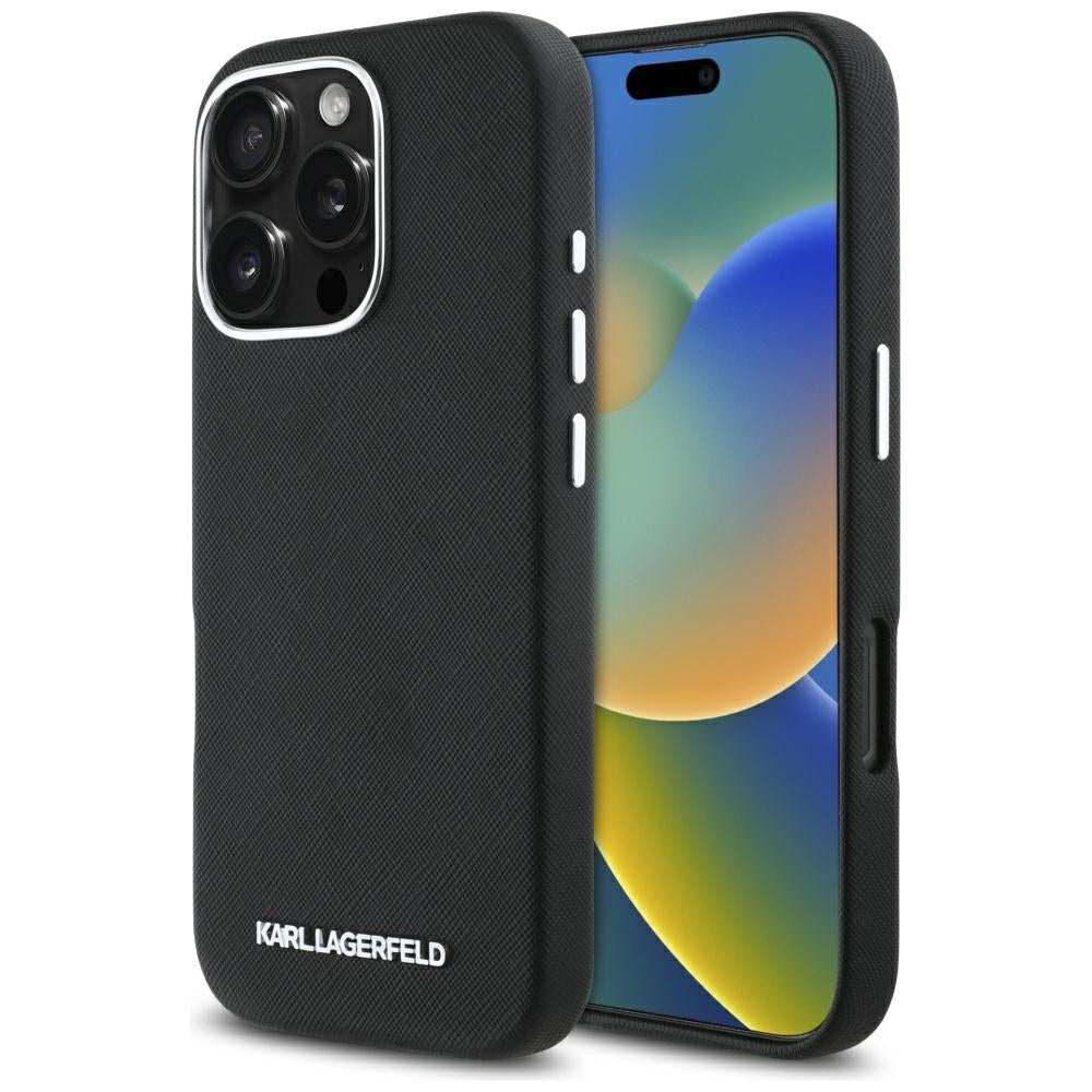 Karl Lagerfeld - Saffiano Full Wrapped Elongated Metal Logo MagSafe (KLHMP16LPSAFWMCK) - iPhone 16 Pro - Black