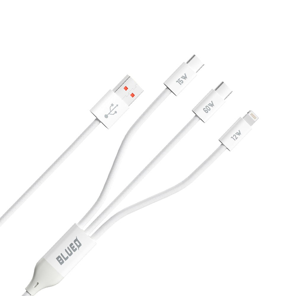 Blueo - 3in1 Data Cable - USB-A to 2x Type-C, Lightning, Fast Charging, Braided - White