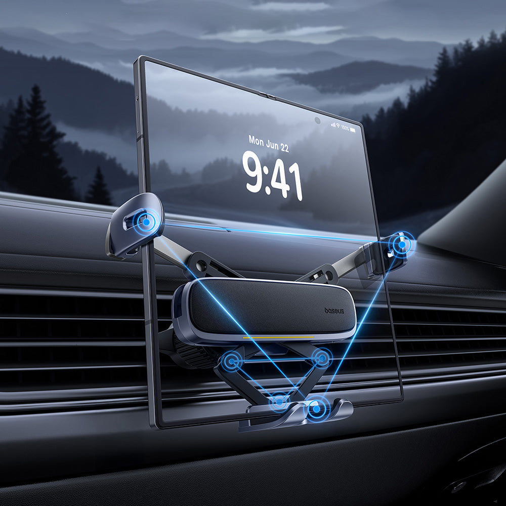 Baseus - Car Holder (C40483401813-00) - for Phone/Tablet, Leather Finish, Retractable Arms, Auto Clamping - Black Silver