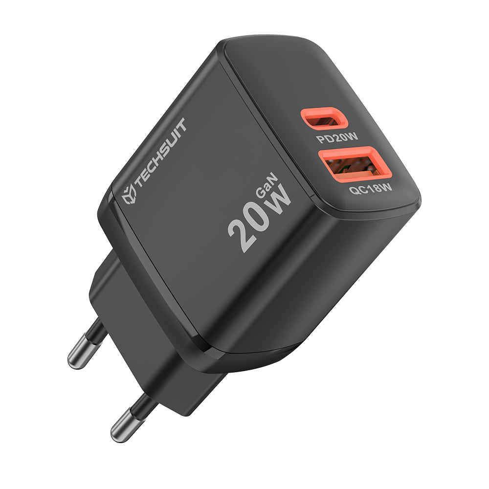 Techsuit - Wall Charger Duonix20W (CH2) - Type-C, USB, Dual Travel Charger 20W - Black