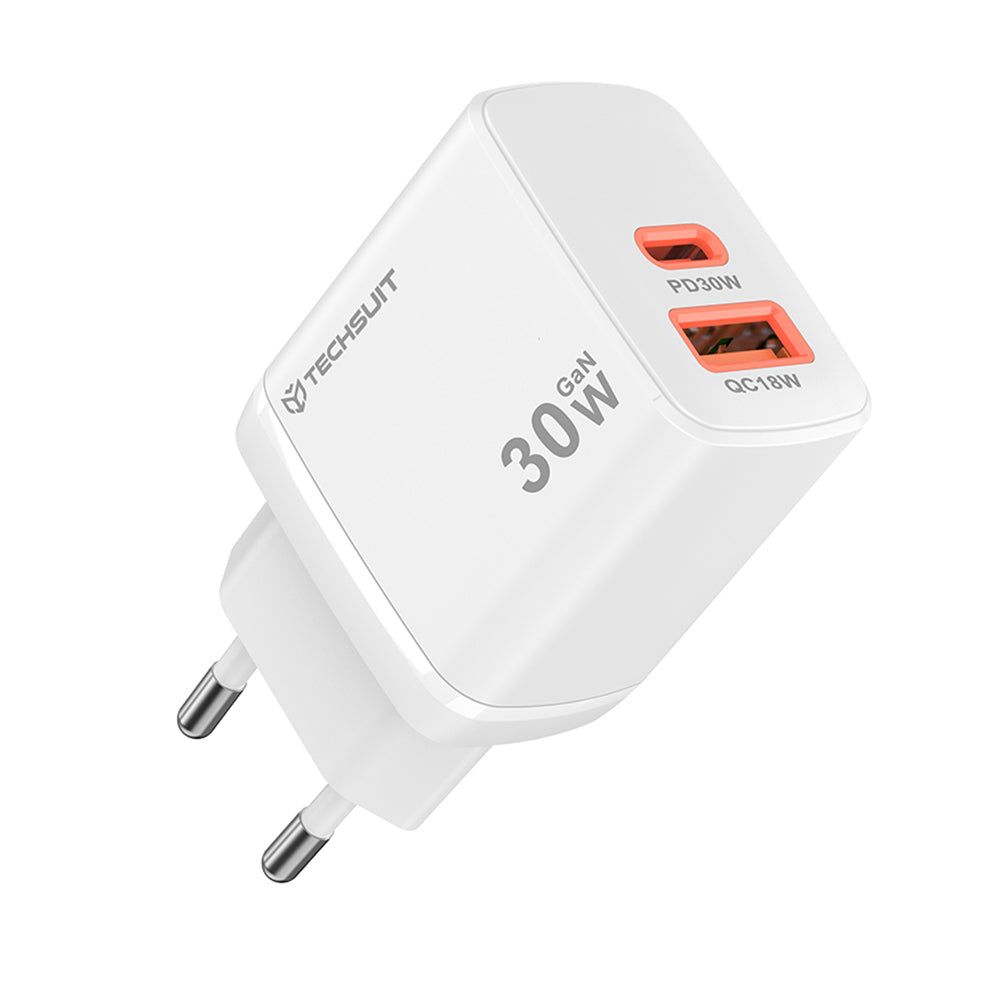 Techsuit - Wall Charger Duonix30W (CH1) - Type-C, USB, Dual Travel Charger 30W - White