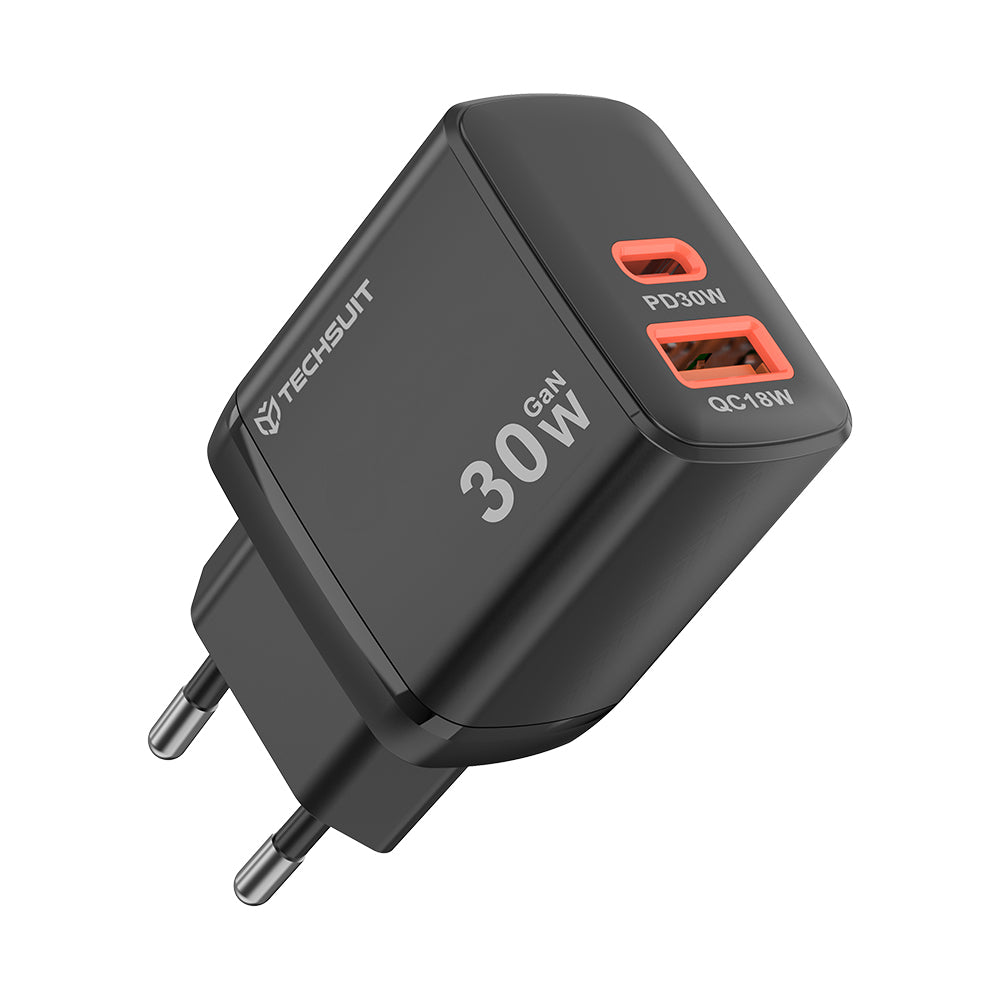 Techsuit - Wall Charger Duonix30W (CH1) - Type-C, USB, Dual Travel Charger 30W - Black