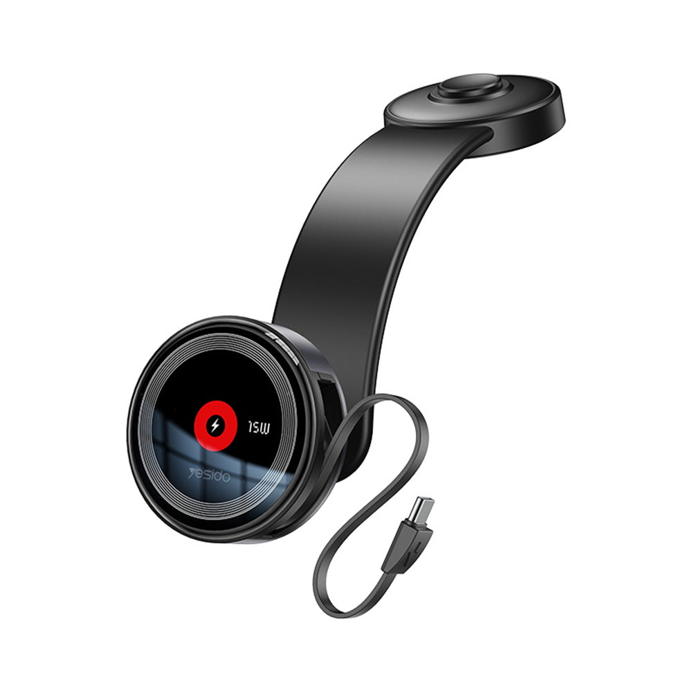 Yesido - Car Holder with Wireless Charging (C314) - for Dashboard, with Retractable Cable, Type-C, N52 Magnets, 15W - Black