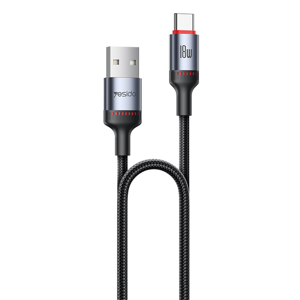 Yesido - Data Cable (CA129C) - USB to Type-C, Fast Charge, 18W, 3A, 480Mbps, CarPlay Compatible, Aluminum Alloy, 1.2m - Black