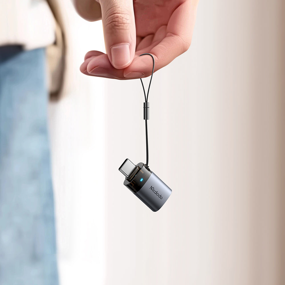 Mcdodo - OTG Adapter (OT-7400) - USB3.0 to Type-C, Aluminium Alloy, Charging & Data Sync, 5Gbps, Blue Light, Lanyard - Black