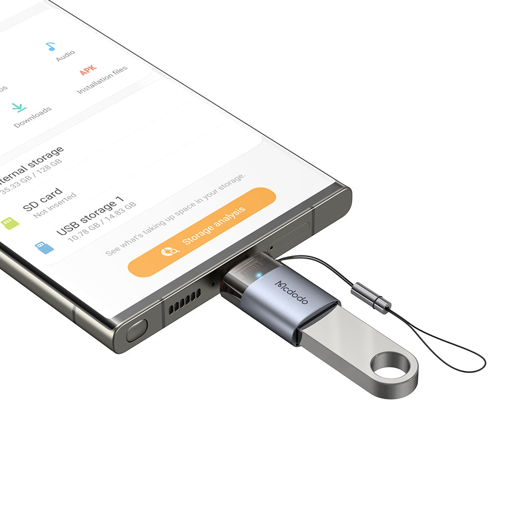 Mcdodo - OTG Adapter (OT-7400) - USB3.0 to Type-C, Aluminium Alloy, Charging & Data Sync, 5Gbps, Blue Light, Lanyard - Black