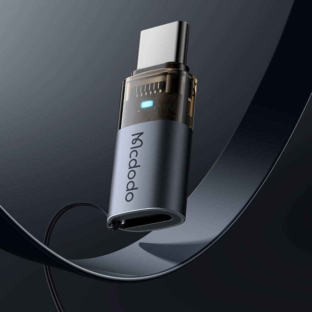 Mcdodo - OTG Adapter (OT-7610) - Lightning to Type-C, Aluminium Alloy, Charging & Data Sync, 60W, Blue Light, Lanyard - Black