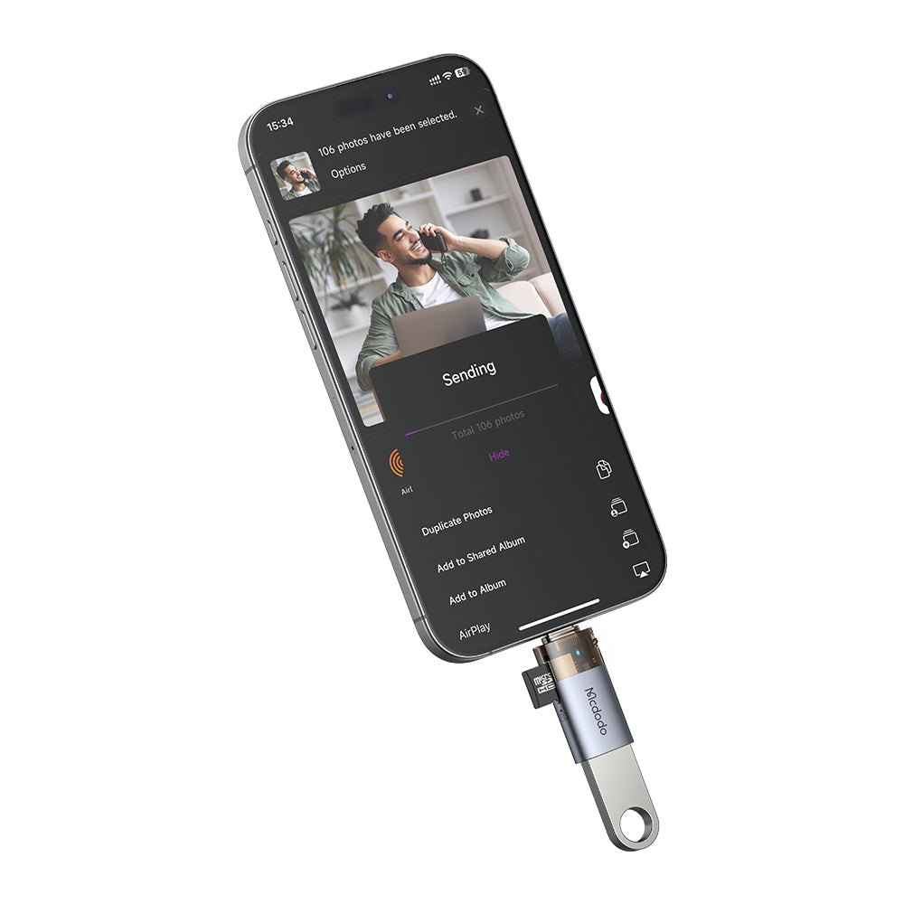 Mcdodo - OTG Adapter 2in1 (OT-7600) - USB to USB-C, Built-in Card Reader, Charging & Data, 5Gbps, Blue Light, Lanyard - Black