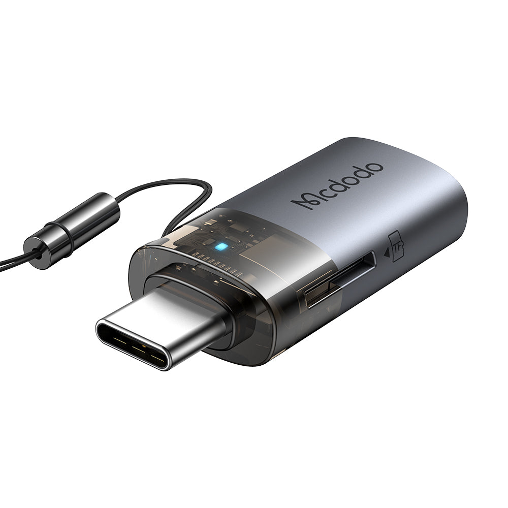 Mcdodo - OTG Adapter 2in1 (OT-7600) - USB to USB-C, Built-in Card Reader, Charging & Data, 5Gbps, Blue Light, Lanyard - Black