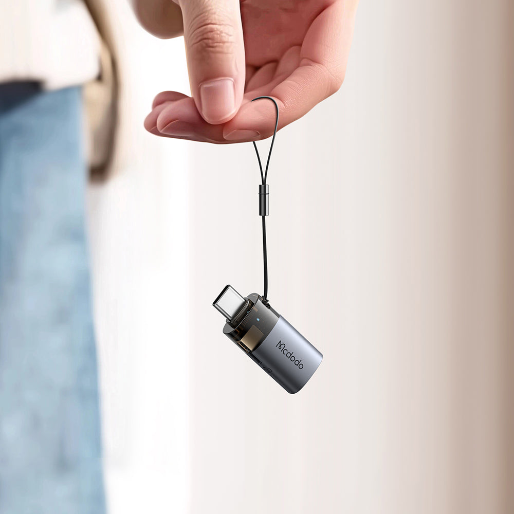 Mcdodo - OTG Adapter 2in1 (OT-7600) - USB to USB-C, Built-in Card Reader, Charging & Data, 5Gbps, Blue Light, Lanyard - Black