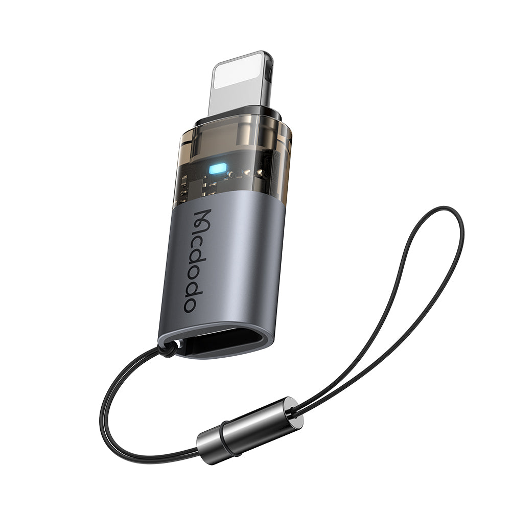 Mcdodo - OTG Adapter (OT-7630) - USB-C to Lightning, Aluminium Alloy, Charging & Data Sync, 36W, Blue Light, Lanyard - Black