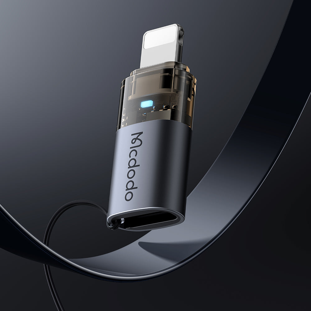 Mcdodo - OTG Adapter (OT-7630) - USB-C to Lightning, Aluminium Alloy, Charging & Data Sync, 36W, Blue Light, Lanyard - Black