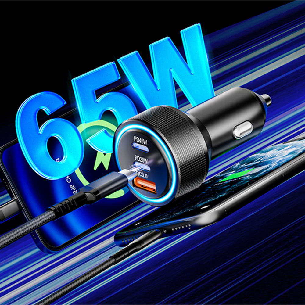 Techsuit - Premium Car Charger DriveBoost (C6) - Fast Charge, LED Light, USB, 2x Type-C 60W, 5V/3A, Aluminium Alloy - Silver