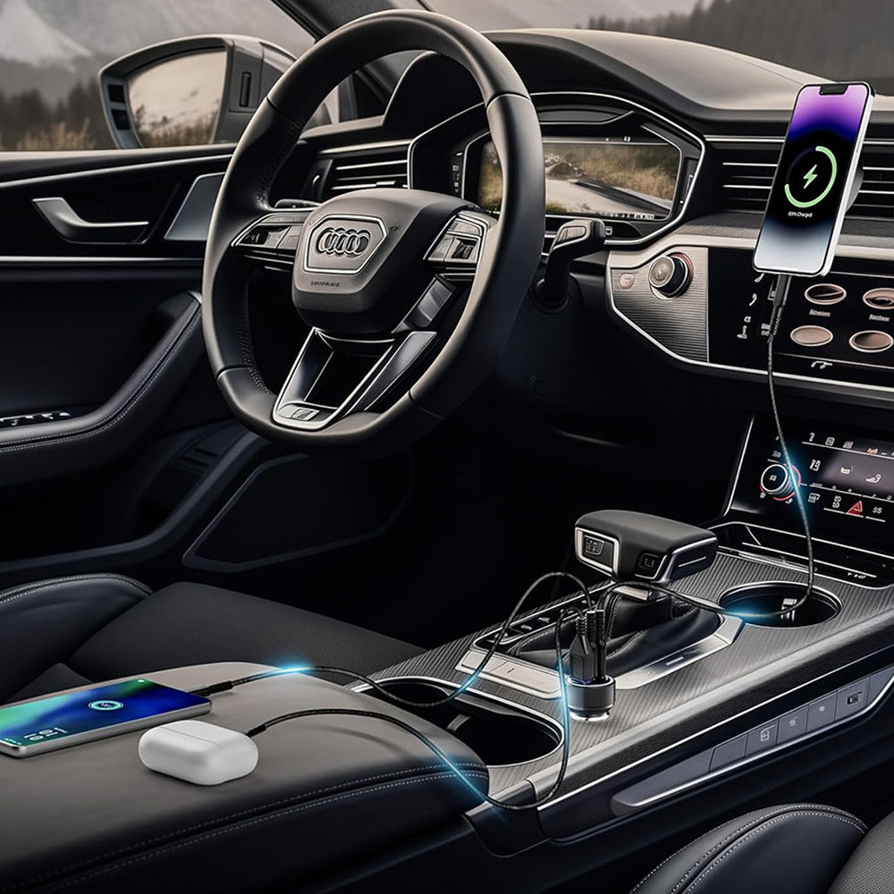 Techsuit - Premium Car Charger DriveBoost (C6) - Fast Charge, LED Light, USB, 2x Type-C 60W, 5V/3A, Aluminium Alloy - Silver