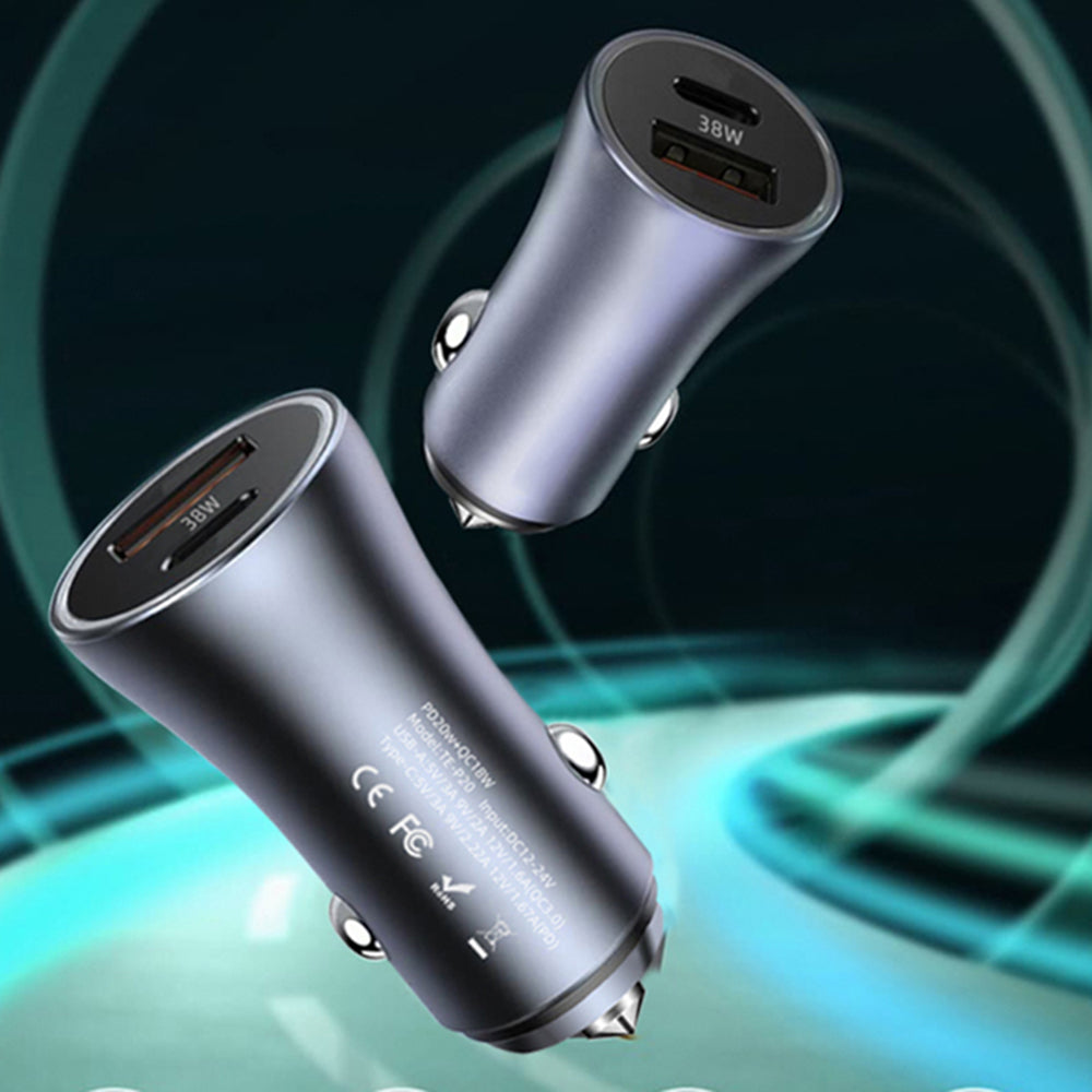 Techsuit - Premium Car Charger RescueVolt (C3) - with Metal Window Breaker, Fast Charge, USB QC18W, USB-C PD30W, 5V/3A - Grey