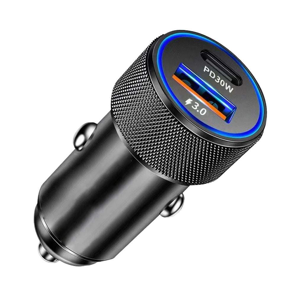 Techsuit - Premium Car Charger VoltDuo (C2) - with LED Light, USB QC 3.0, Type-C PD30W, 5V/3A, ABS, Metal - Black