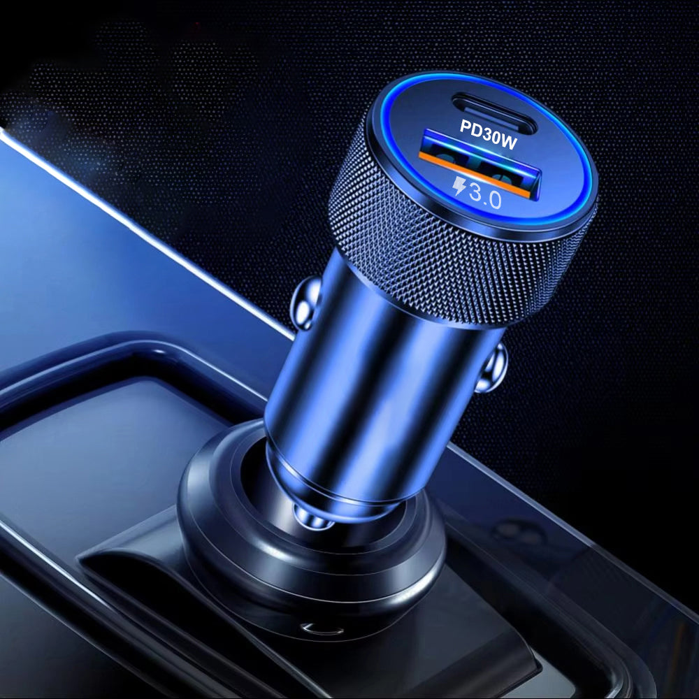 Techsuit - Premium Car Charger VoltDuo (C2) - with LED Light, USB QC 3.0, Type-C PD30W, 5V/3A, ABS, Metal - Black