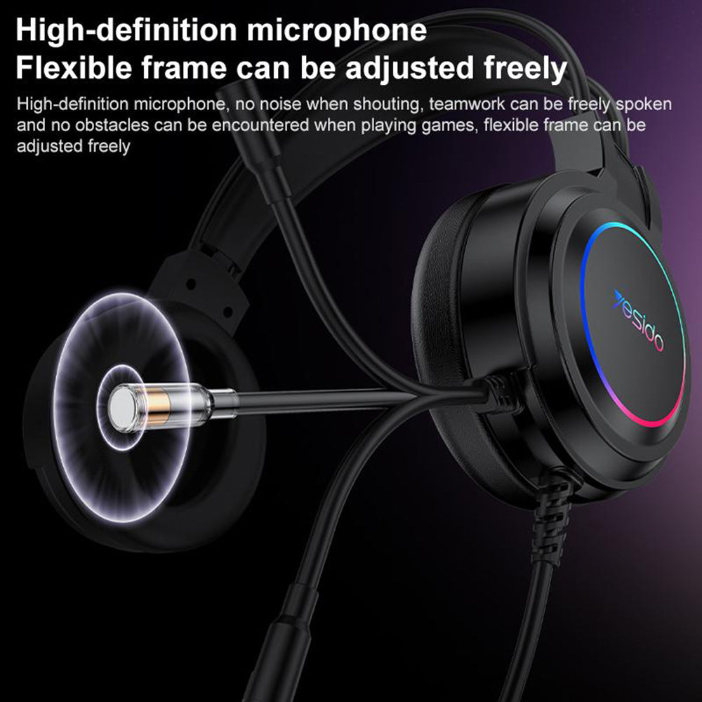 Yesido - Wired Headphones (EK05) - for Gaming, USB, with Microphone, RGB LED Lights - Black