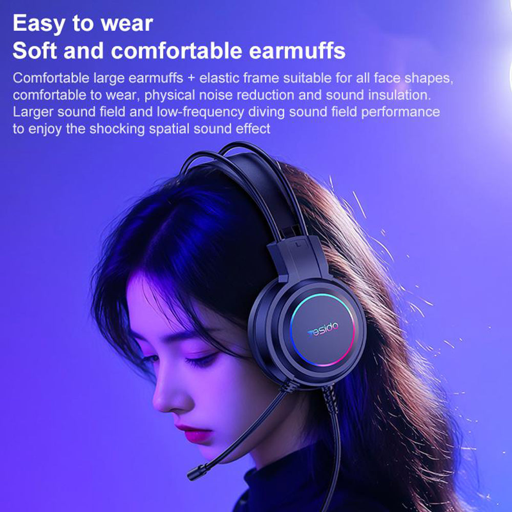 Yesido - Wired Headphones (EK05) - for Gaming, USB, with Microphone, RGB LED Lights - Black