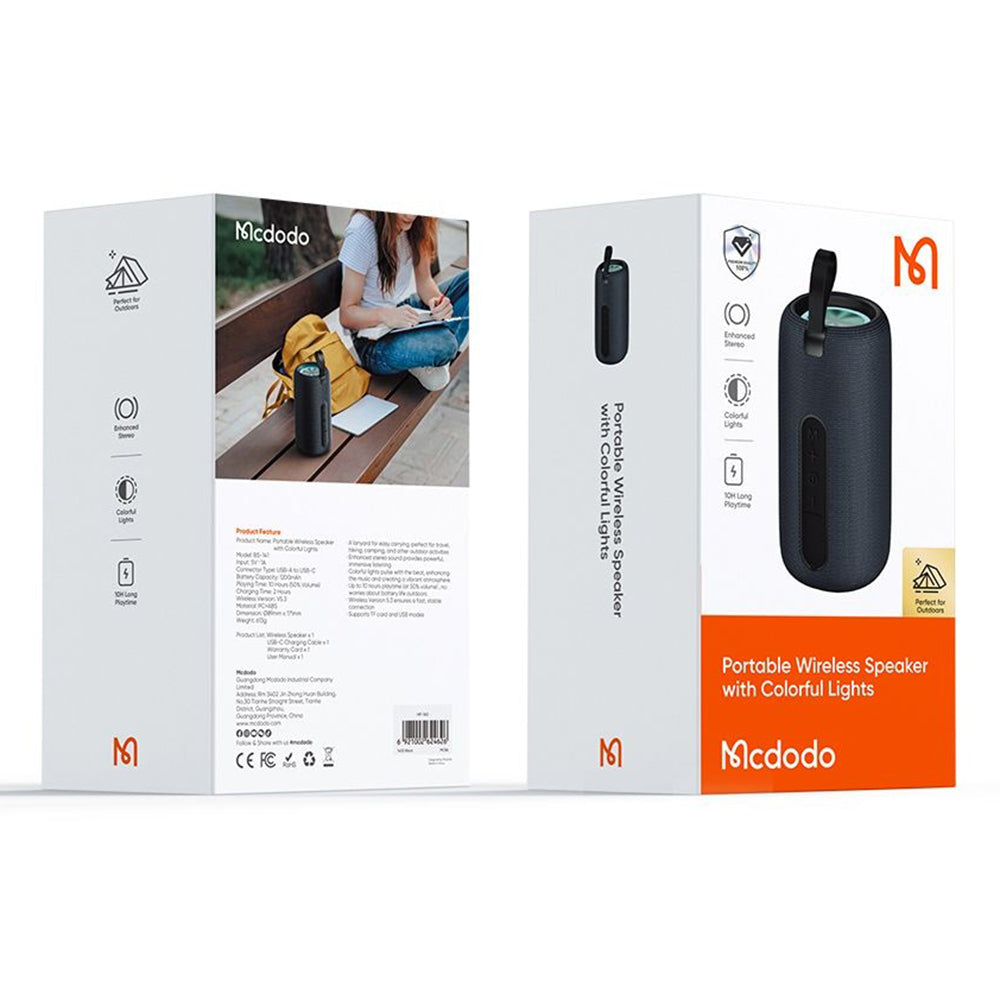 Mcdodo - Portable Wireless Speaker (BS-1410) - with Colorful Lights, Bluetooth V5.3, 1200mAh, IPX4 - Black