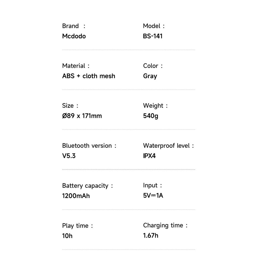 Mcdodo - Portable Wireless Speaker (BS-1410) - with Colorful Lights, Bluetooth V5.3, 1200mAh, IPX4 - Black