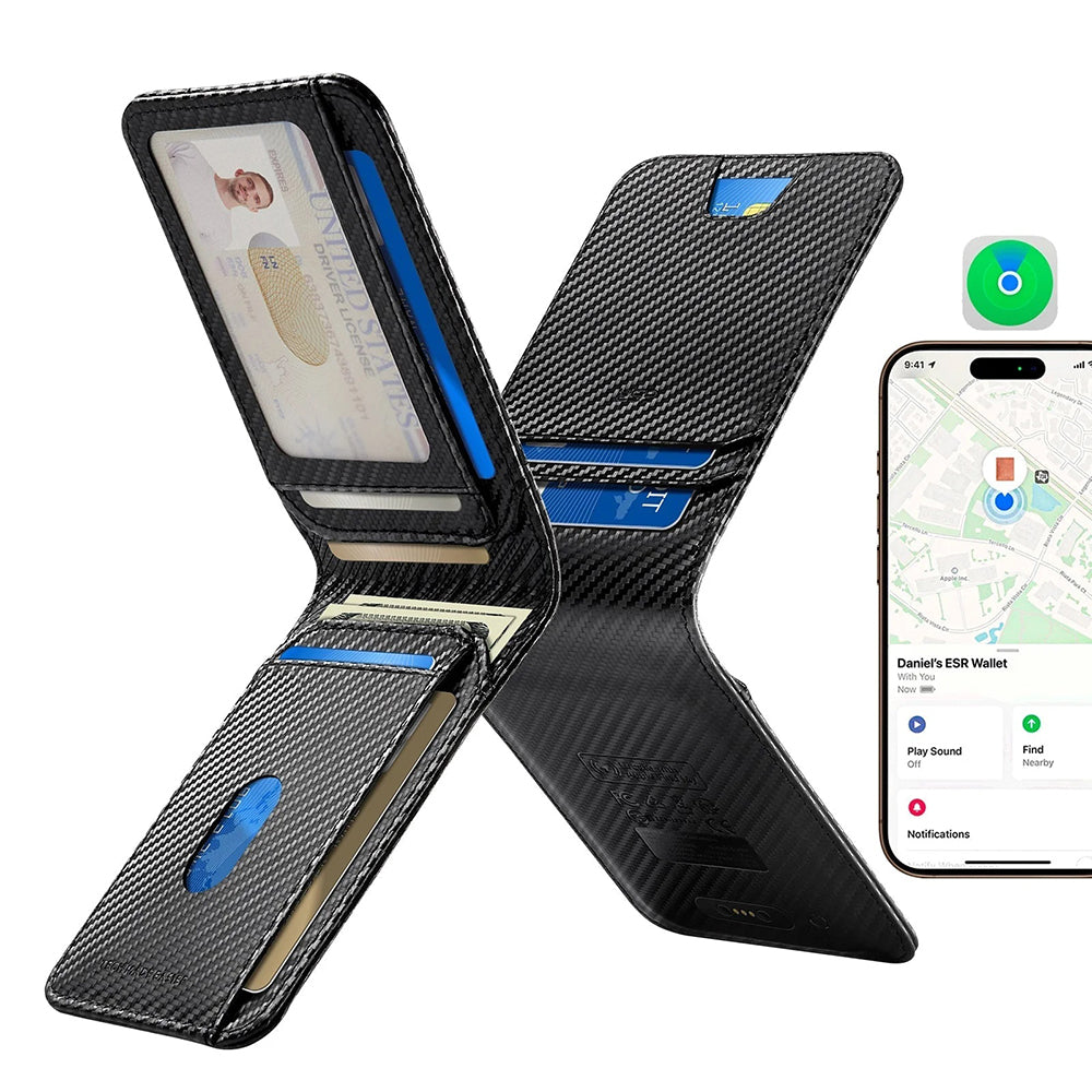 ESR - Classic Geo Card Holder - Vegan Leather Wallet, for 11x Cards & Cash, Find My Function, RFID Blocking - Carbon Fiber