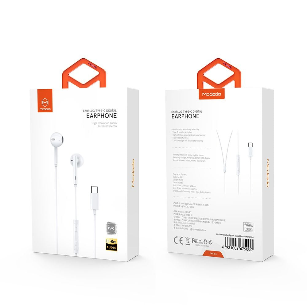 Mcdodo - Wired Earphones (HP-7500) - with Volume Control, Type-C, DAC Chip, Hi-Res Audio, 1.2m - White
