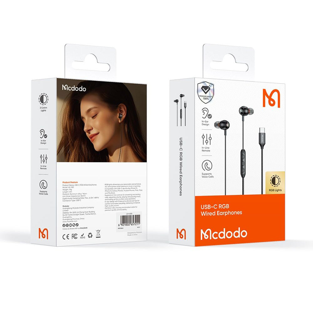 Mcdodo - Wired Earphones (HP-5830) - Type-C, RGB Lighting, Aluminium Alloy, Nylon, DAC, In-Ear Design, 1.2m - Black