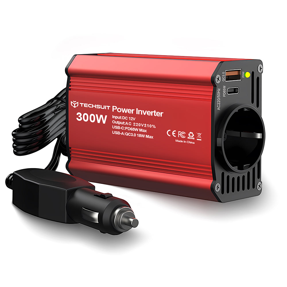 Techsuit - Car Power Inverter FlexiCarVolt (IA1) - Type-C, USB-A, Pocket Socket, PD65W, 300W - Red