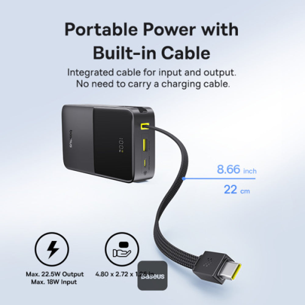 Baseus - Power Bank EnerFill Bipow2 Pro (E0027701) - with Built-in USB-C Cable, 20000mAh, 22.5W, Digital Display - Cosmic Black