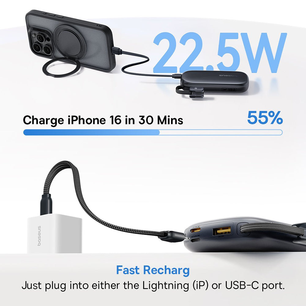 Baseus - Power Bank EnerFill FC21 Qpow 3 Ultra (E0027L00) - with Detachable Cable, 10000mAh, 22.5W, Digital Display - Cosmic Black