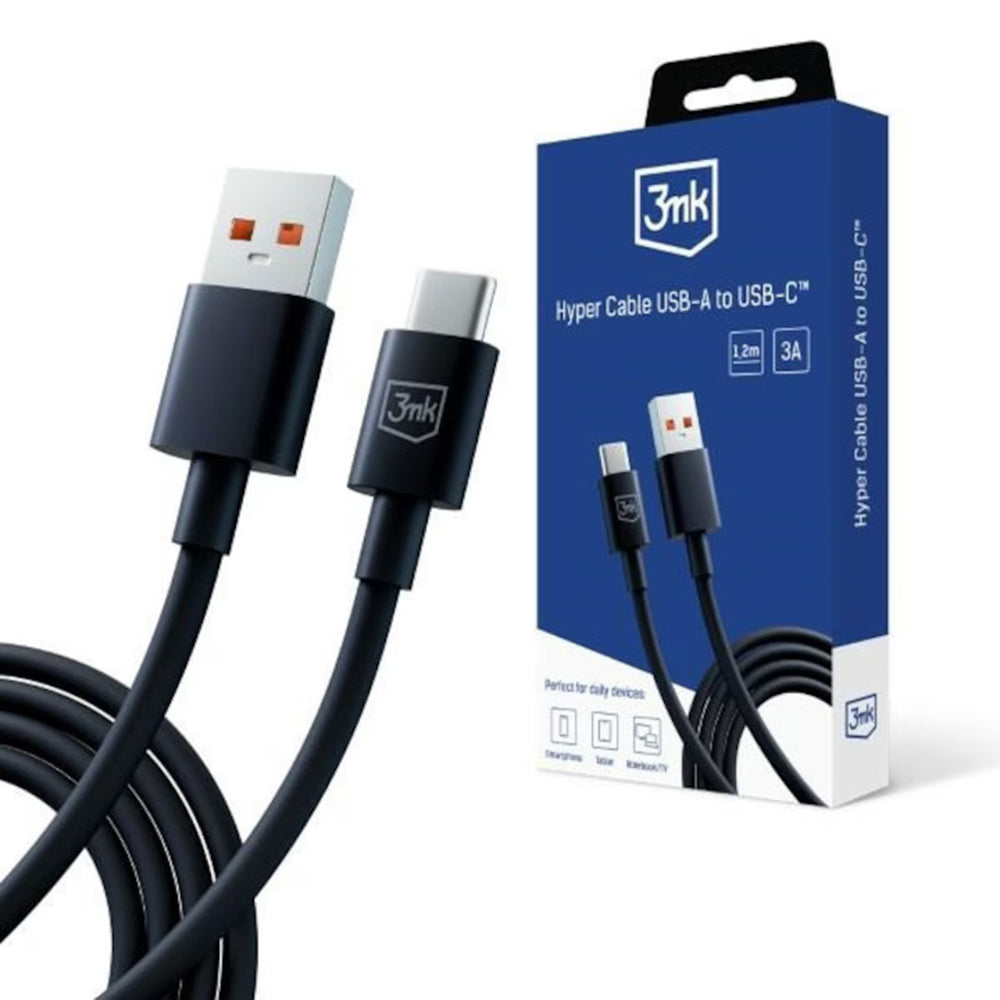 3mk - Data Cable Hyper - USB-A to USB-C, 3A, 1.2m - Black