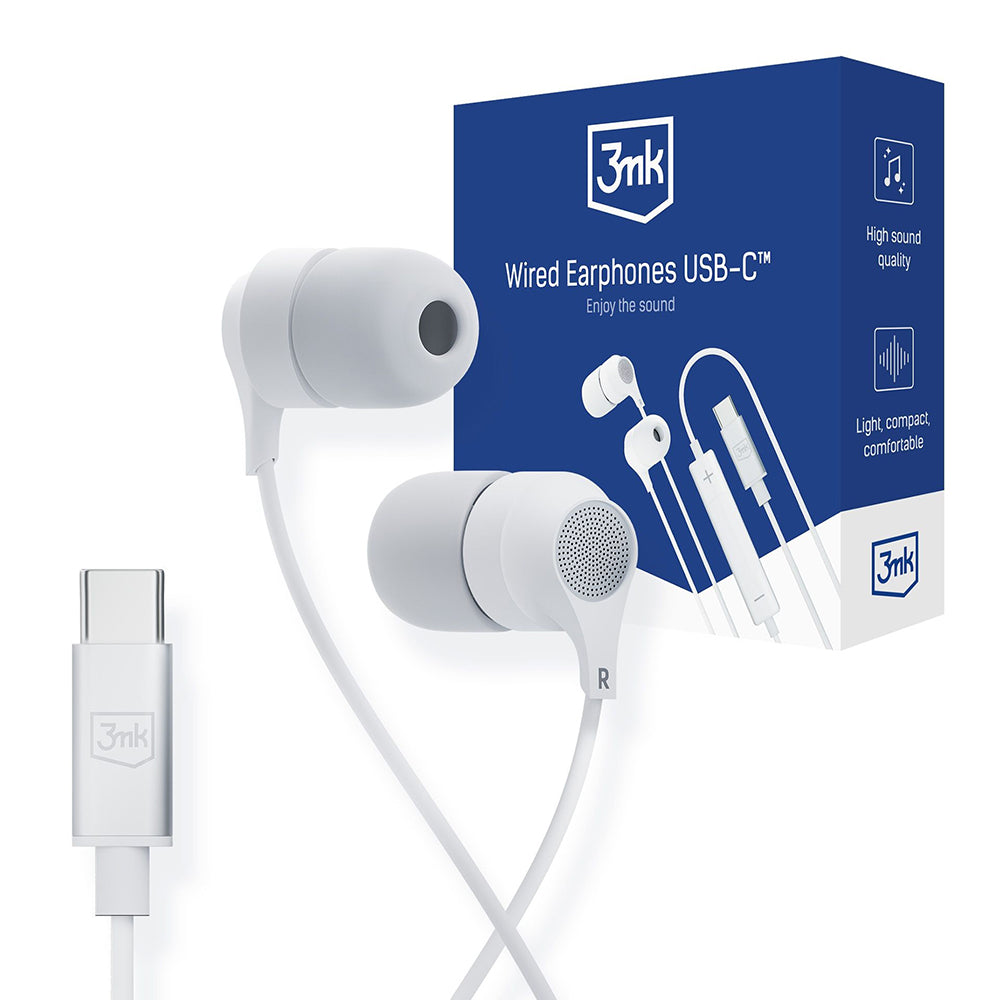 3mk - Wired Earphones - USB-C, In-Ear Design, Built-in Microphone, Control Remote, High-Quality Sound, 1.2m - White