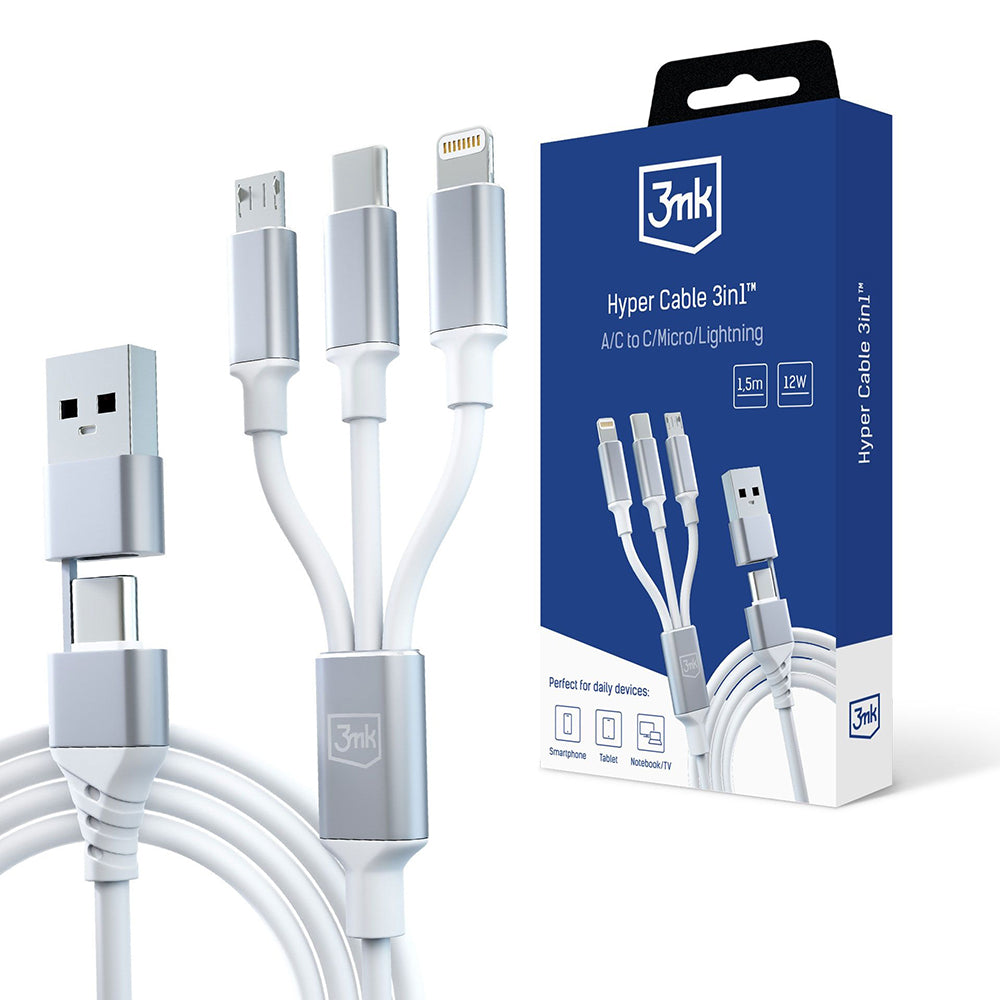 3mk - 3in1 Data Cable Hyper - USB-A/C to USB-C/Micro-USB/Lightning, 12W, 3A, 1.5m - White