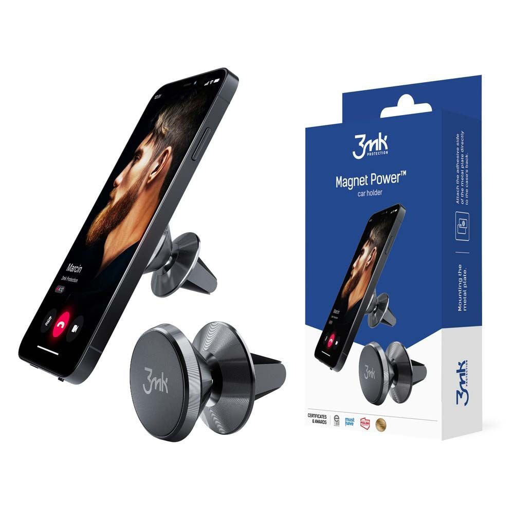 3mk - Magnetic Car Holder Power - for Air Vent, Aluminium Alloy, Silicone Surface, Strong Magnets - Black