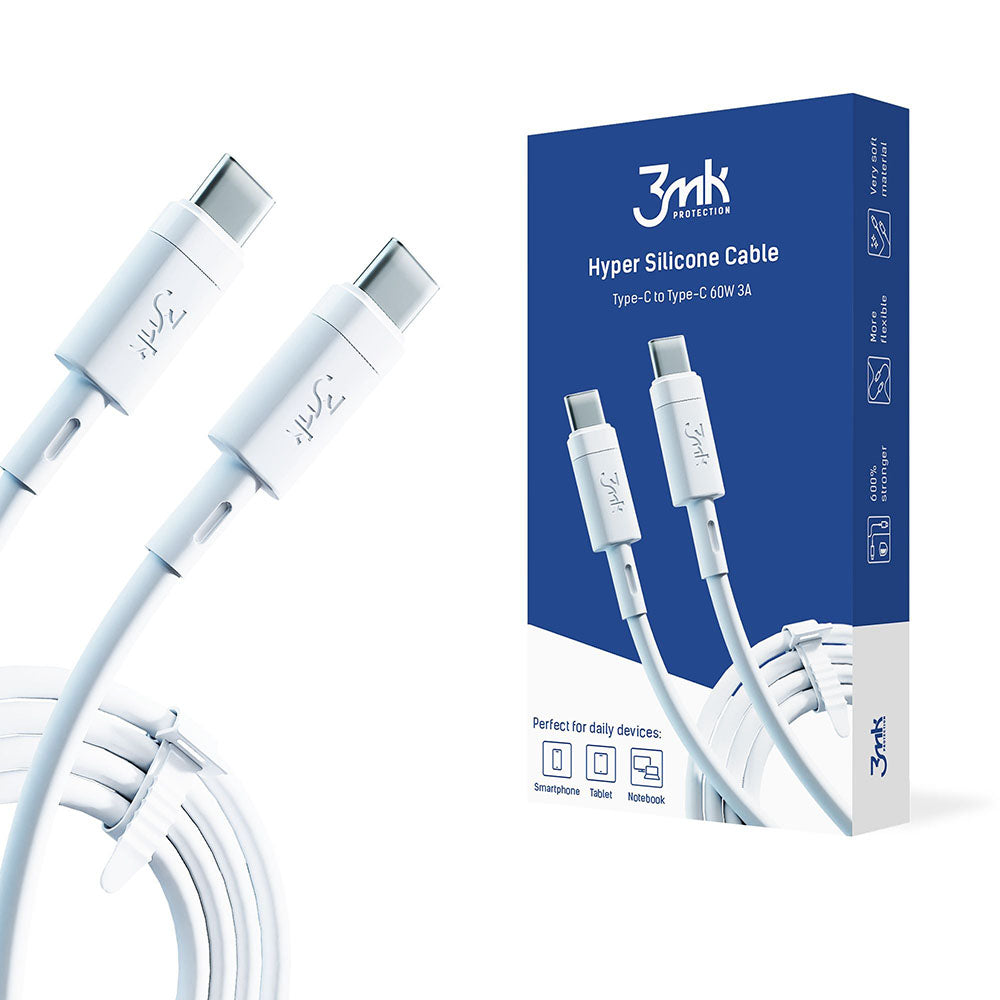 3mk - Data Cable Hyper Silicone - USB-C to USB-C, 60W, 3A, 1m - White