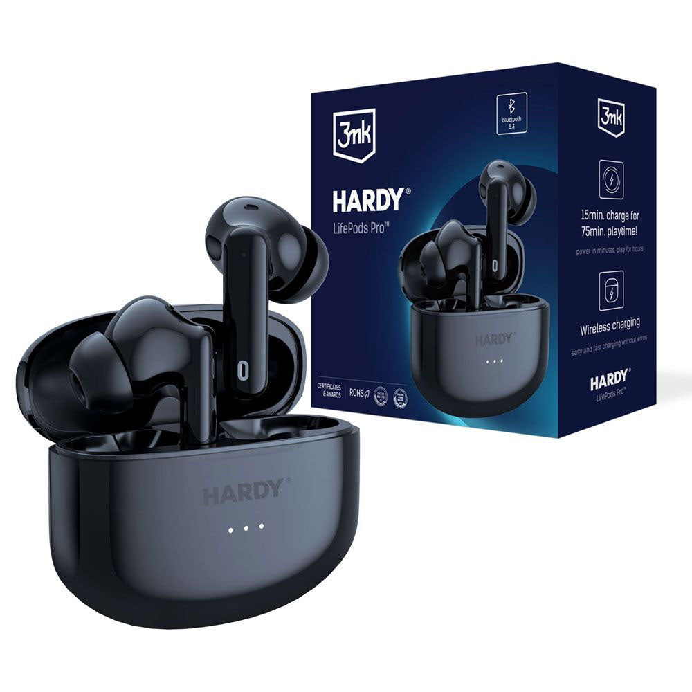 3mk - Wireless Headphones HARDY LifePods Pro - Bluetooth V5.3, ANC Technology, 300mAh, Wireless Charging - Black