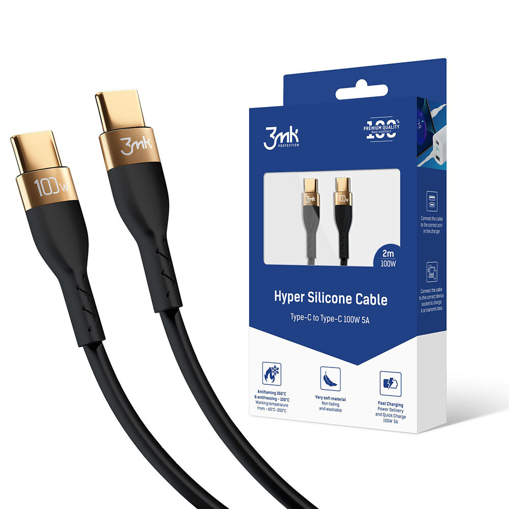 3mk - Data Cable Hyper Silicone - USB-C to USB-C, 100W, 5A, 2m - Black
