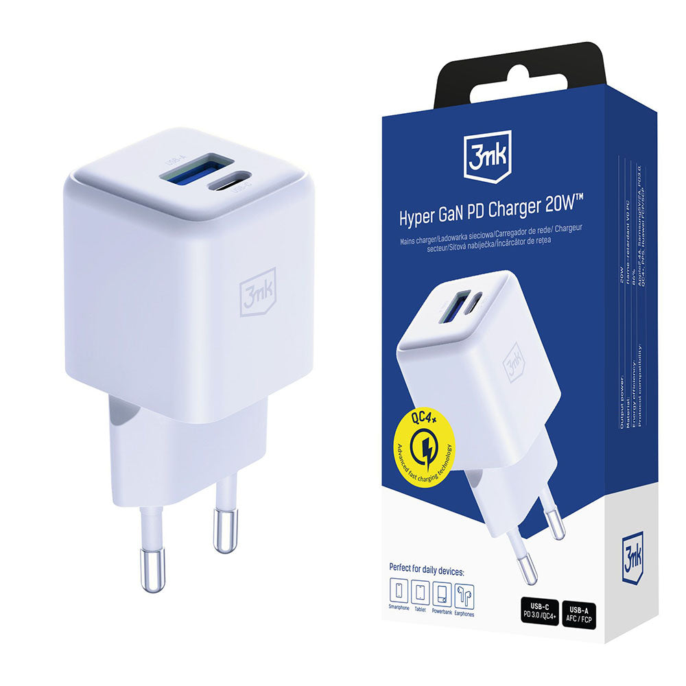 3mk - Wall Charger Hyper - USB-A, USB-C, GaN Technology, QC4 + PD, 20W - White
