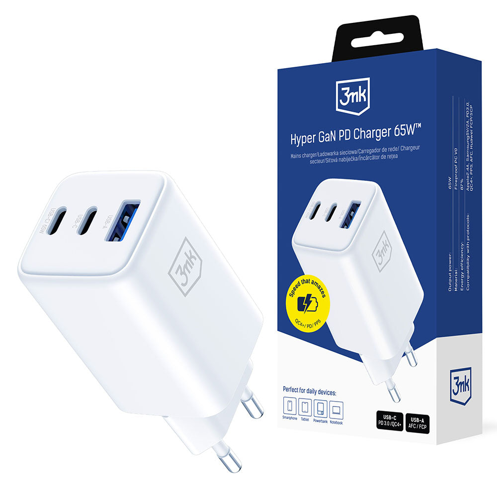 3mk - Wall Charger Hyper - USB-A/USB-C, GaN Technology, 65W, QX4+, Fireproof V0 Material - White