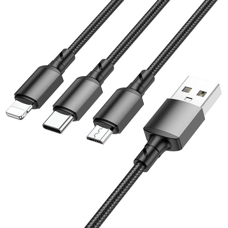 Borofone - Data Cable (BX72 3-in-1) - USB-A to Micro-USB, Type-C, Lightning, Universal, 2A, 1m - Black